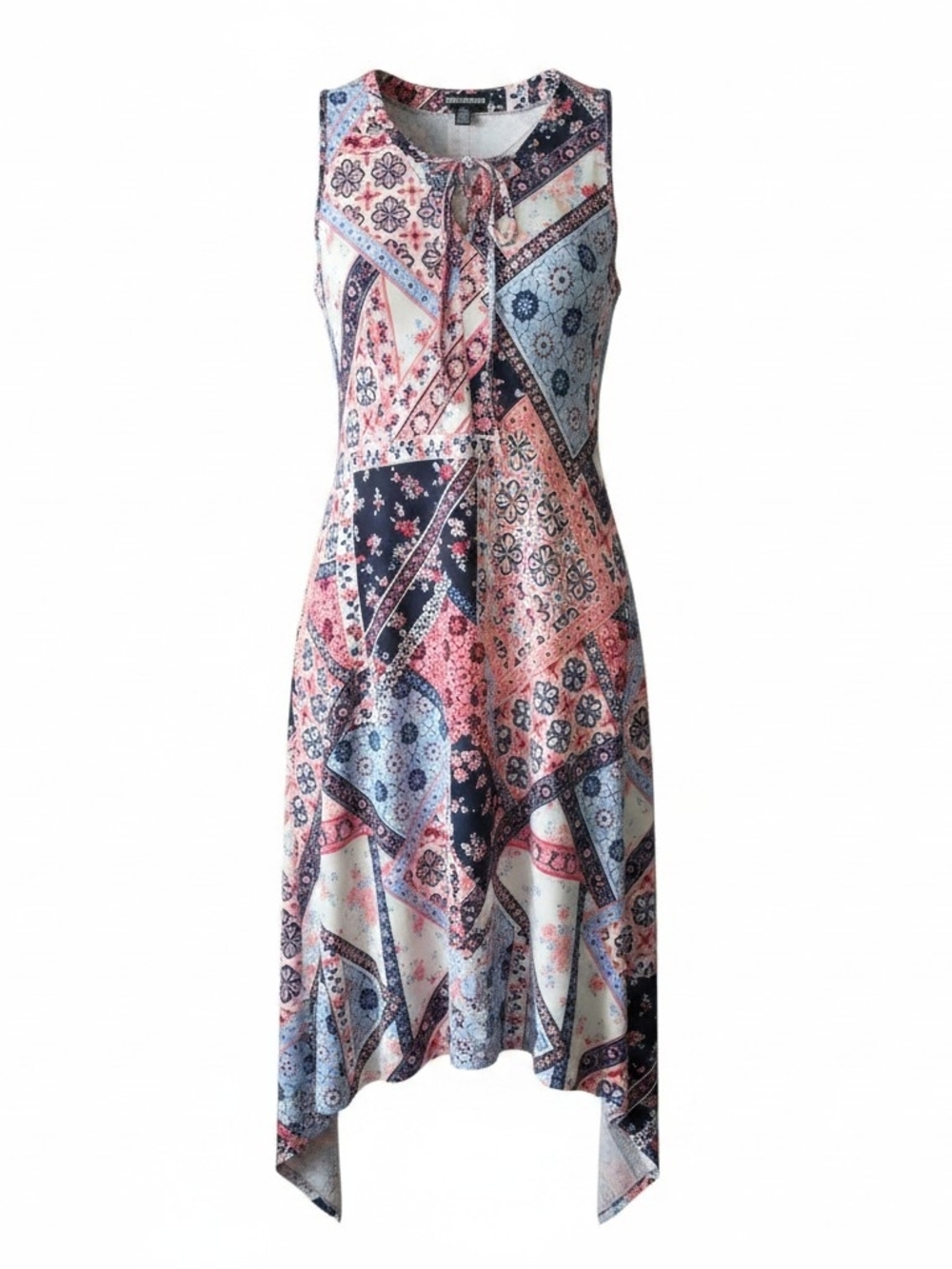 NINA LEONARD | Patchwork Bandana Handkerchief Hem Stretchy‎ Tie Neck Dress | XL